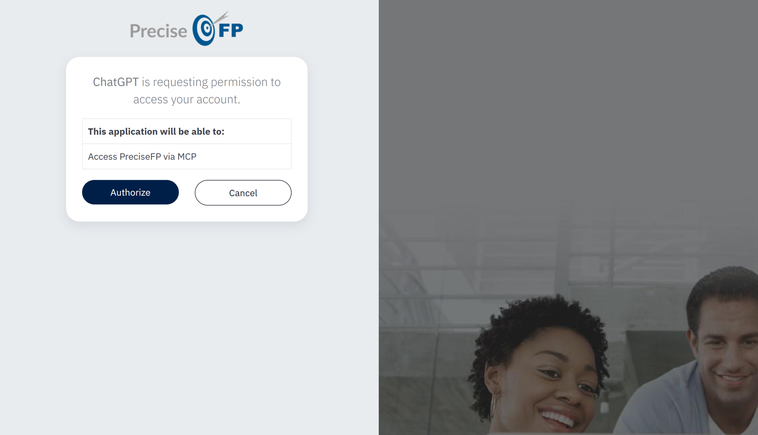 The PreciseFP authorization screen granting ChatGPT access to your account via MCP