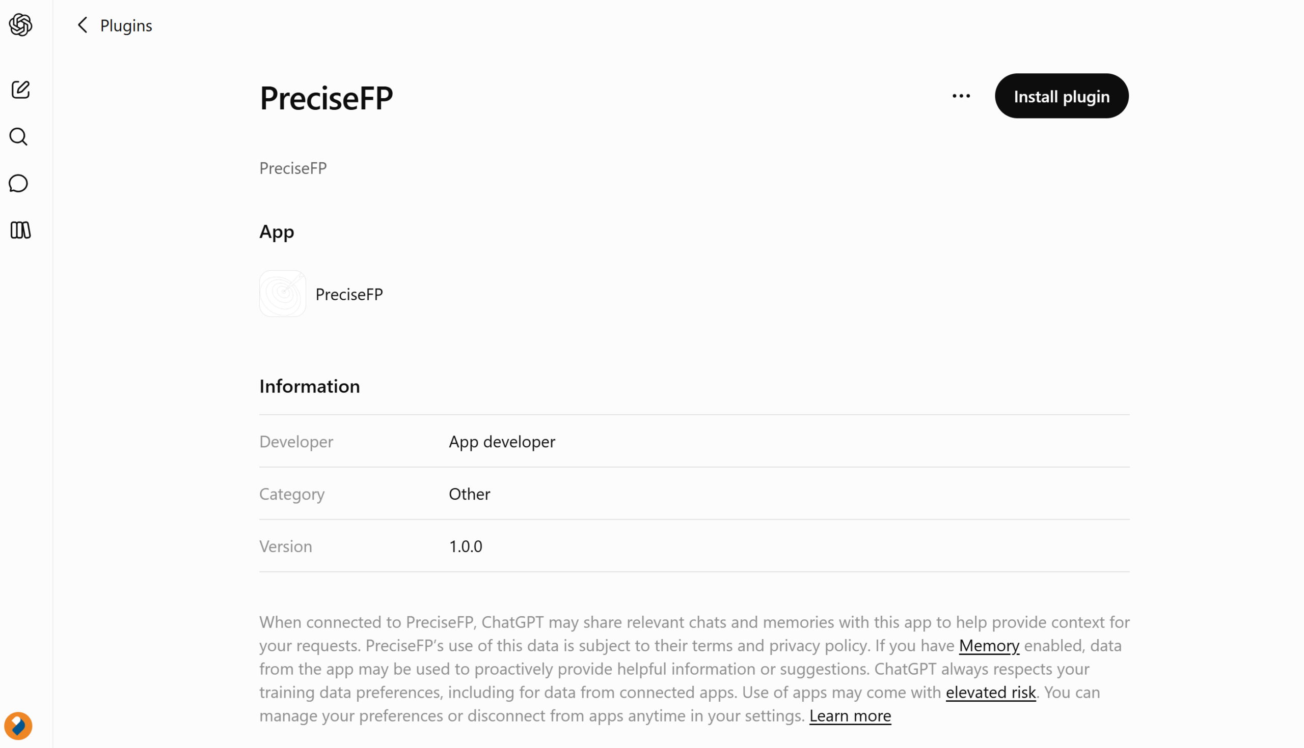The PreciseFP plugin page in ChatGPT with the Install plugin button