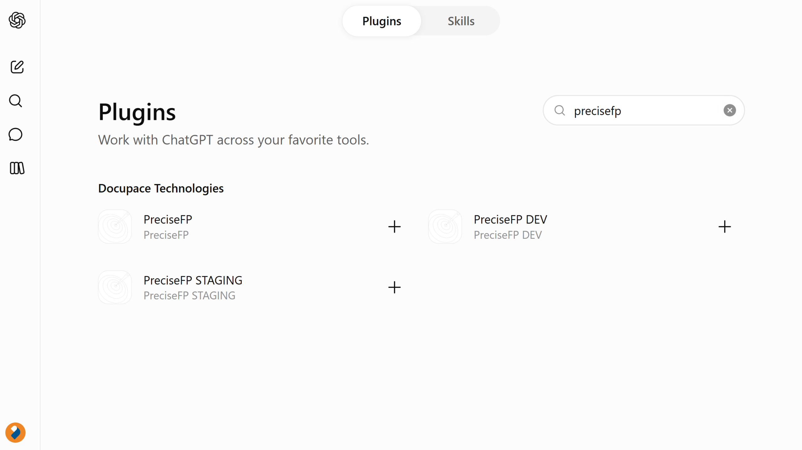 The ChatGPT Plugins directory with PreciseFP listed under Docupace Technologies