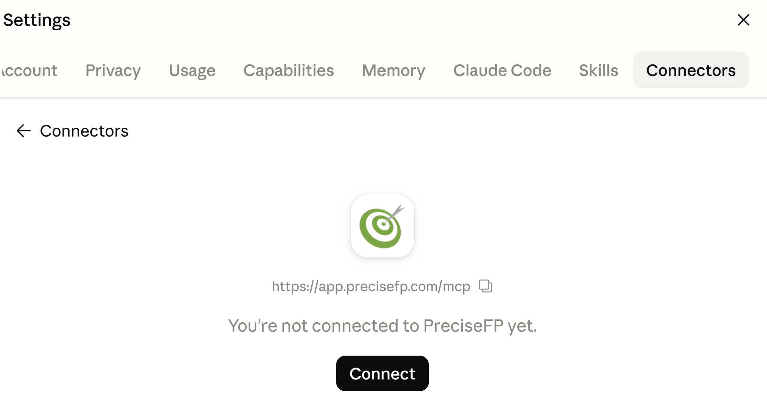 The PreciseFP connector screen showing the server URL and a Connect button