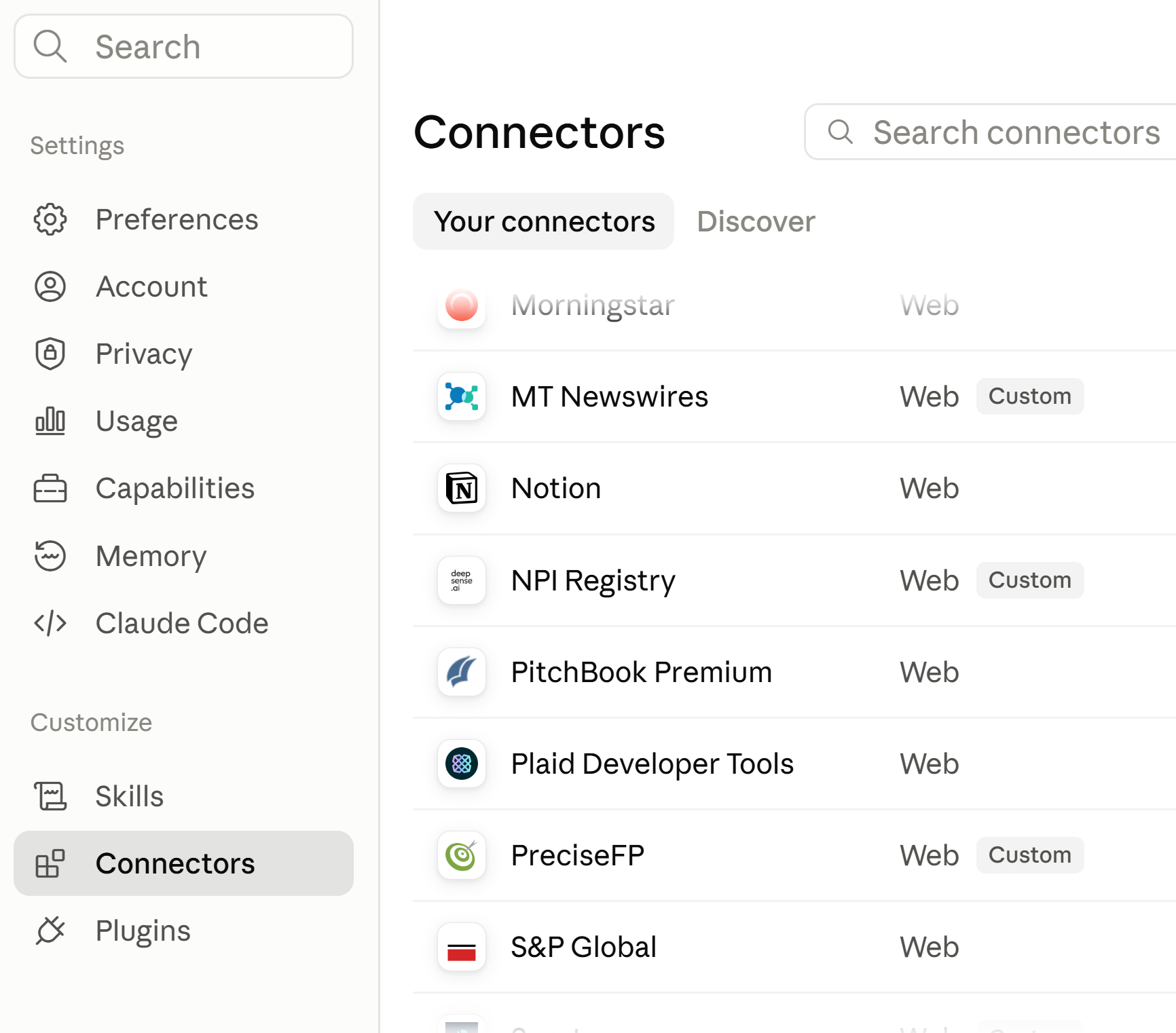 The Connectors settings page in Claude, with PreciseFP listed as a custom connector