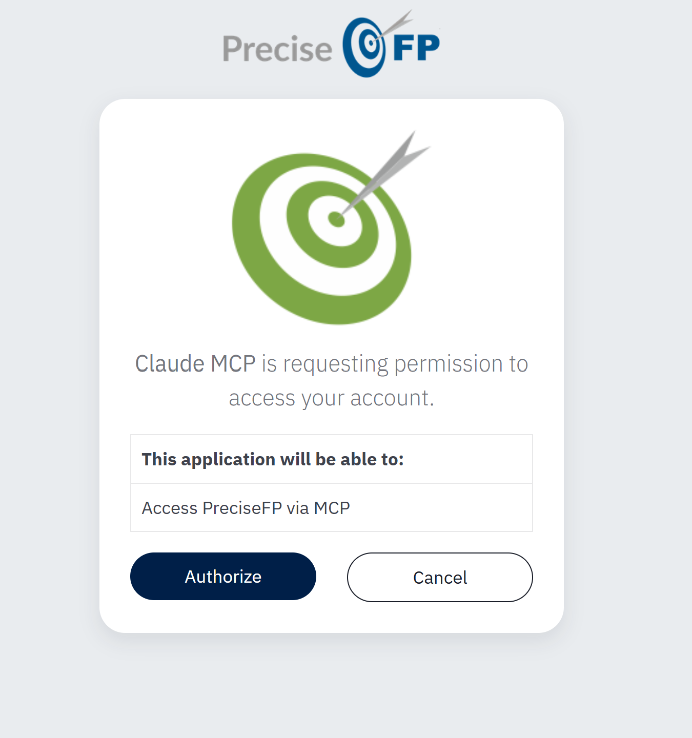 The PreciseFP authorization screen granting the connector access to your account